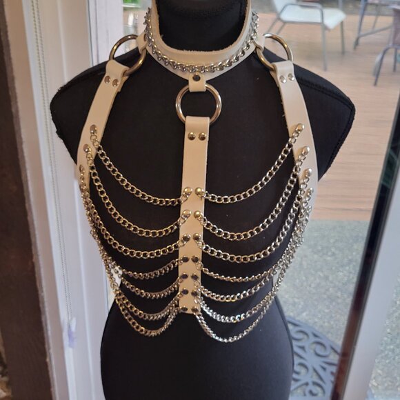 Goth Chain Leather Body Harness Necklace Cosplay Festival Bra - Picture 3 of 9